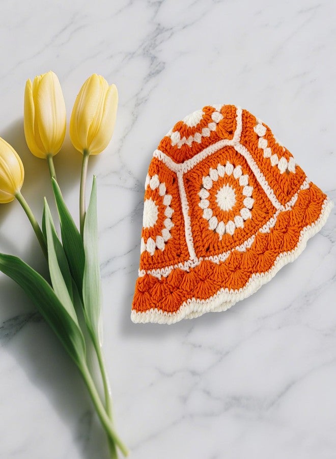YLZZMDQSZ Crochet Bucket Hat for Women, Handmade Knitted Crochet Hats Breathable Foldable, Bucket Hat with Floral Knitted for Summer Beach, Outdoor, Vacation, Fishing and Fashion (Orange) - Image 5